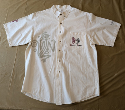 Vintage BYE-BYE Mexico Monkey Party Short Sleeve Button Shirt Large Cream Cotton