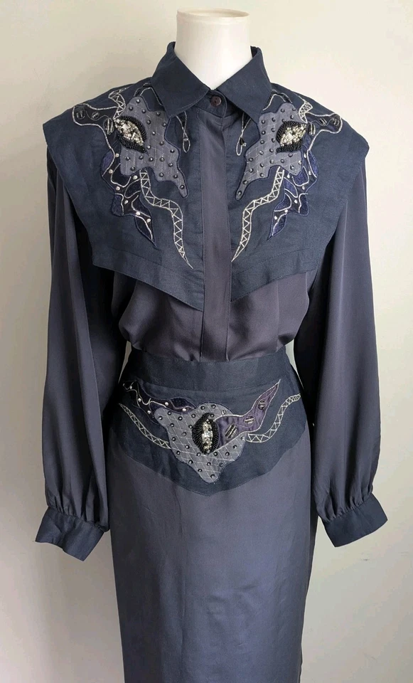 Conjunto Blusa Falda De Colección Años 80 90 Seda Lino Abstracto Retro NewWave Cuentas Anne French Foto 3 de 4