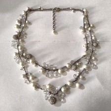 Silver Tone Faux Pearl  Crystal Layered Fancy Necklace EUC 16 in.