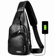 Black Chest Crossbody Bag Sling Backpack for Men with USB Charge Port