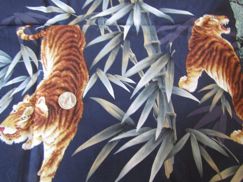 JUNGLE Vintage WILD CATS TIGERS LEAVES On BLUE 2000's COTTON Fabric - 1 yd