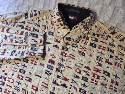 Vintage Tommy Hilfiger Button Up Shirt Men's XL Sailing Flags All Over Print 90s