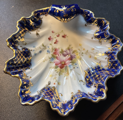 Antique Nippon Dish Porcelain Shell Cobalt Blue Gold Trim Floral Hand Painted - Picture 12 of 13