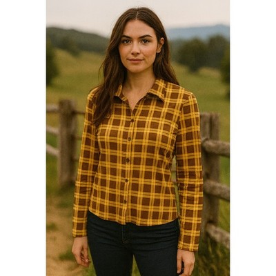 With Jean Bobbie Top Womens XL Mustard & Chocolate Plaid Button Up In Cher Logo