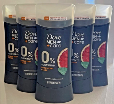 FIVE (5) Dove Men + Care 0% Aluminum Citrus Zest + Sage 2.6 oz. ea