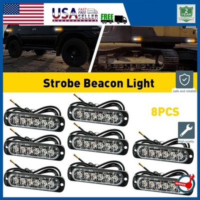 8X Amber/White 6LED Car Truck Emergency Beacon Warning Hazard Flash Light Strobe