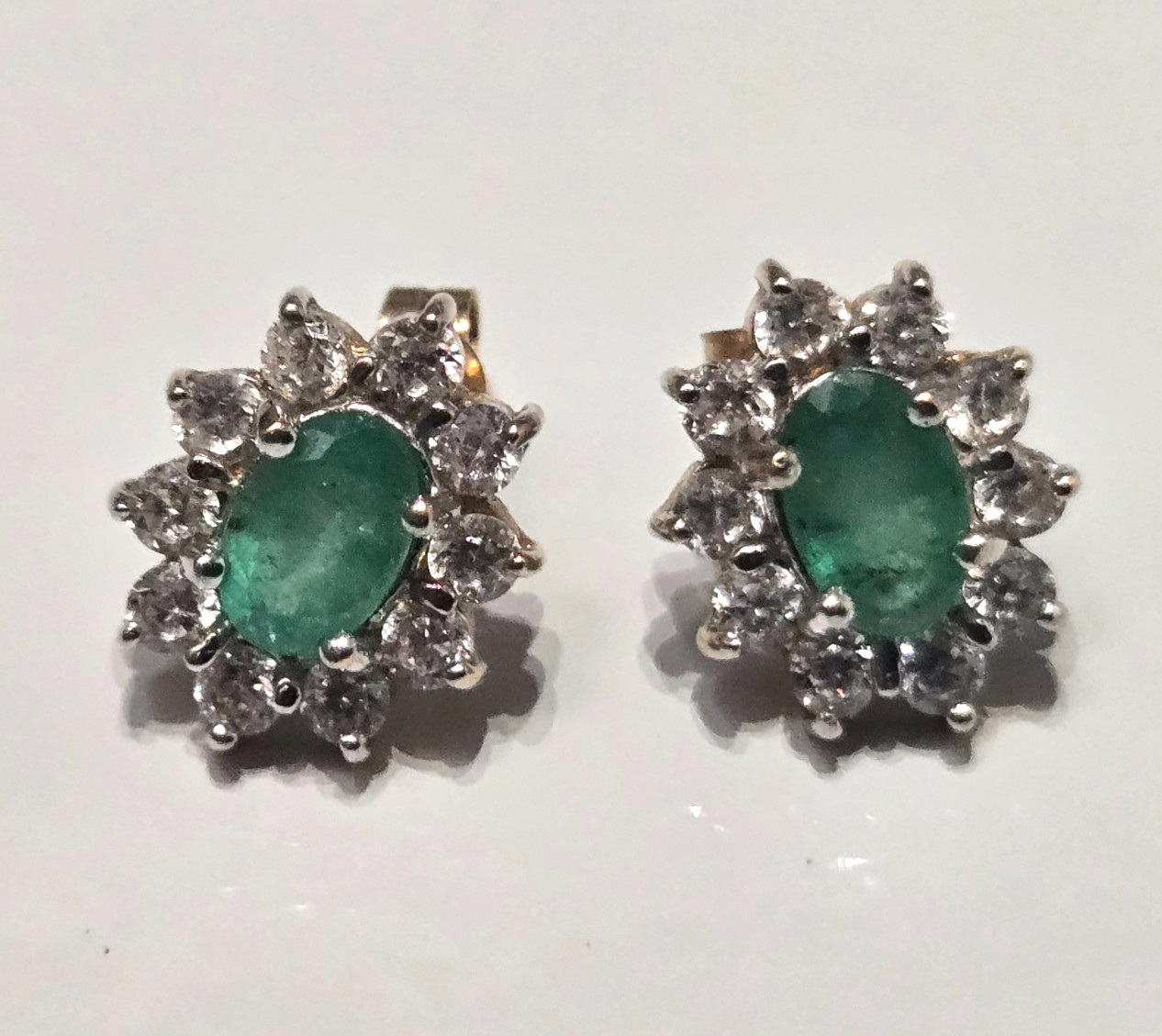 9ct Gold Stud Earrings Emerald Stones Halo Setting 11mm x 9mm 2g