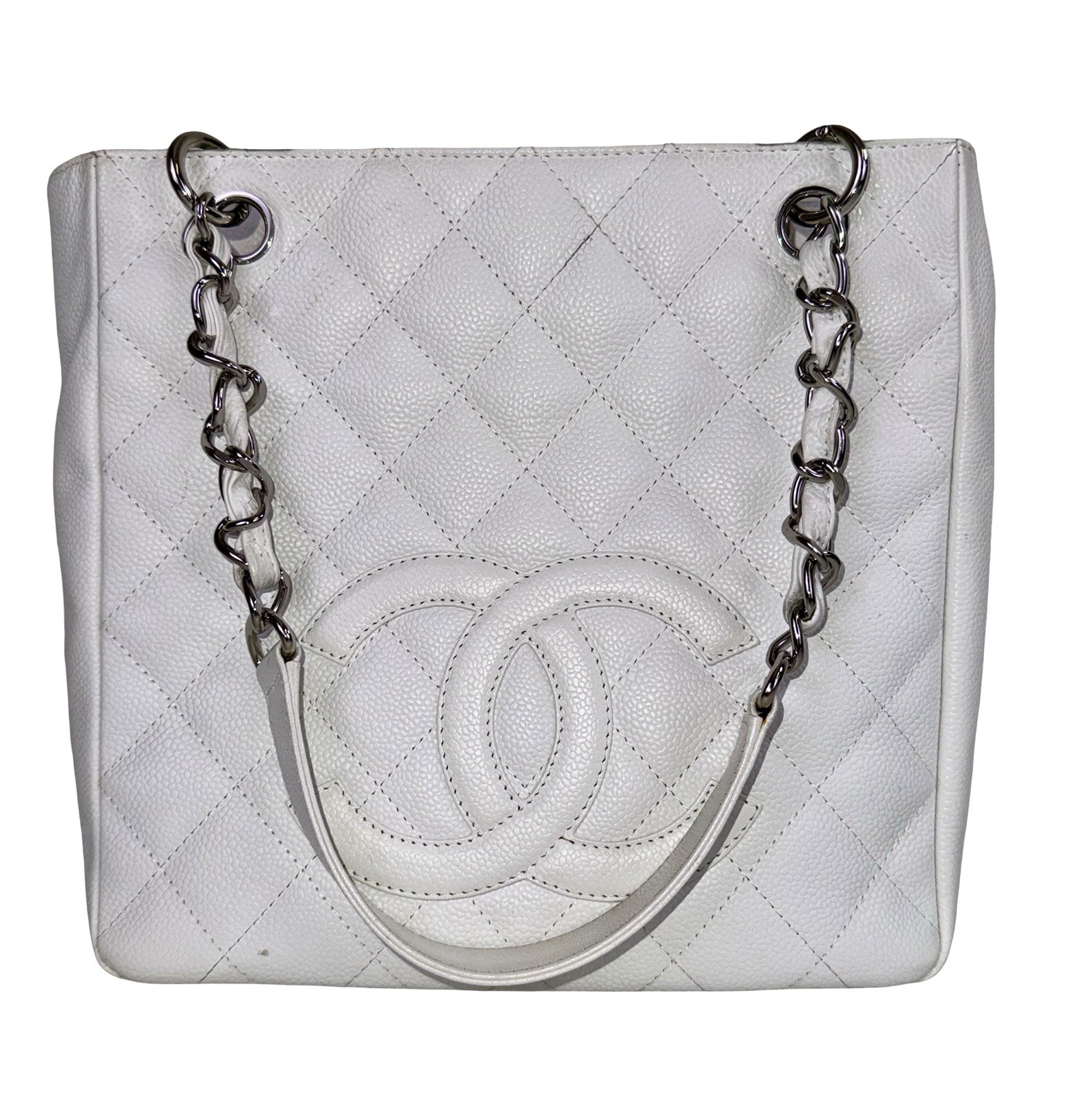 CHANEL PETITE SHOPPING TOTE IN WHITE QUILTED CAVIAR LEATHER image 3