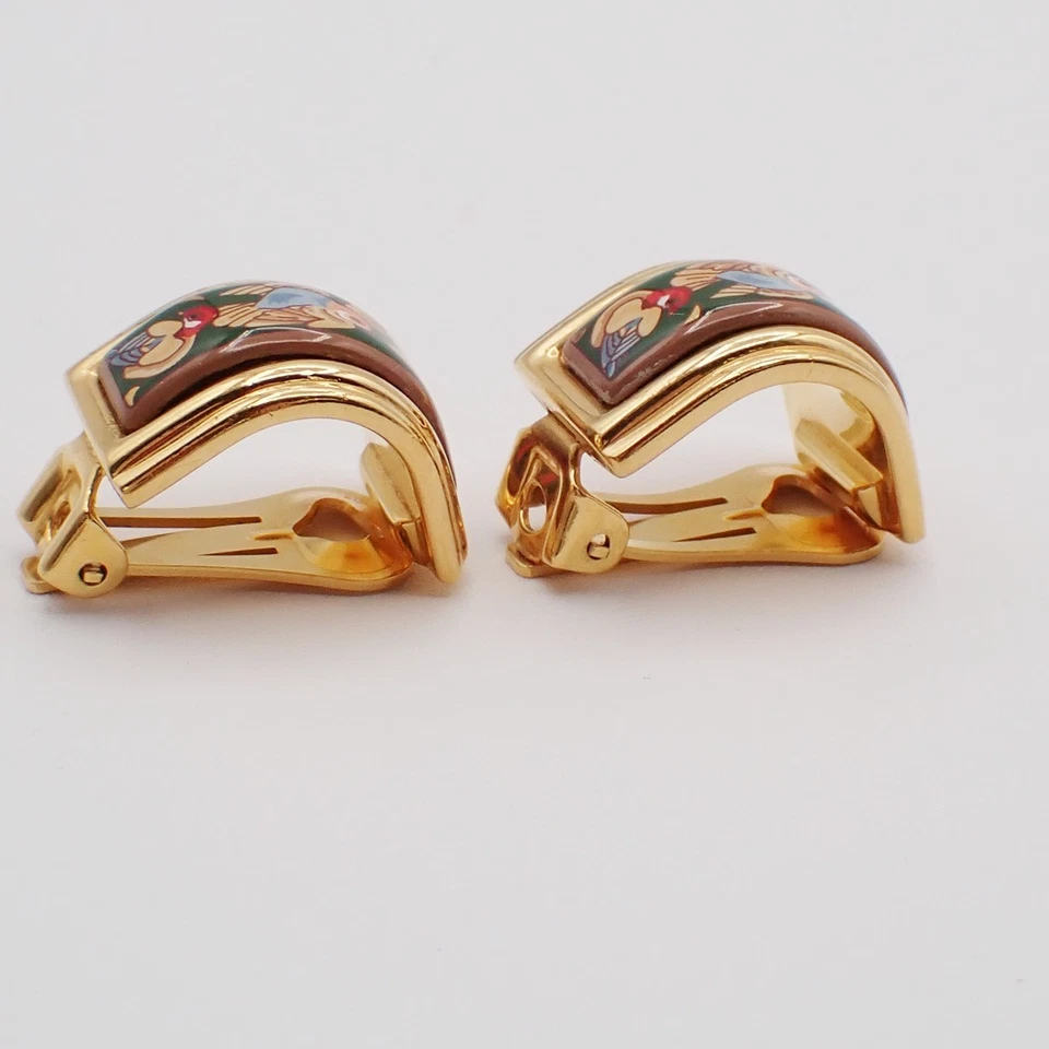 Pendientes HERMES Diseño Pájaro Rectángulo Cloisonné Esmalte Clip-On Oro 36RL448 Foto 2 de 4