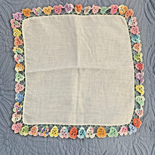 Vintage White Cotton Handkerchief Crochet Lace Edge Multicolor Flowers Hankie