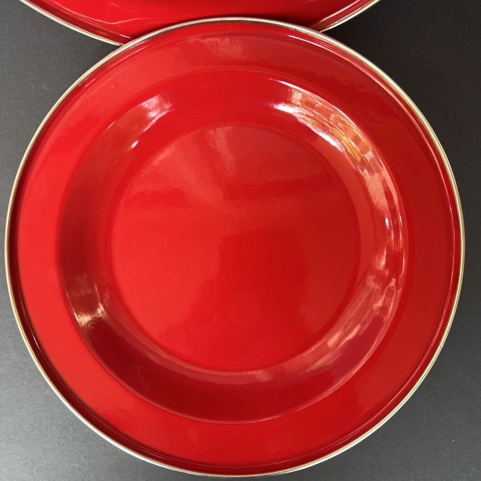 Discontinued Pottery Barn Enamelware Plates Red 10” Set of 2 Metal Partyware NOS - Image 3 of 4