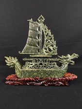 Vintage Jade Dragon-Head Sailing Ship Sculpture 47cm East Asia 1955