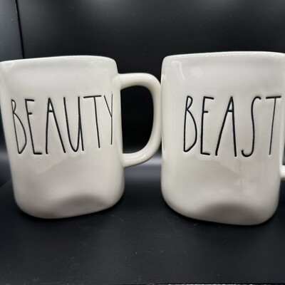 #ad Rae Dunn Magenta Set of 2 Beauty and the Beast Couples Coffee Mugs White $18.00