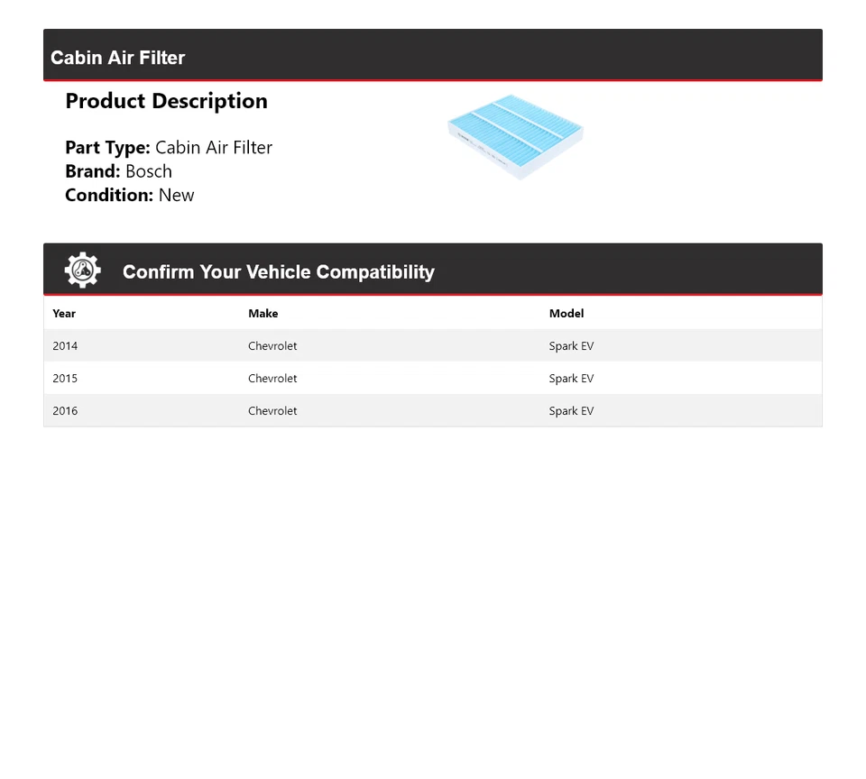 Filtro de aire de cabina Bosch 2015 para Chevrolet Spark EV 2014-2016 Foto 2 de 4
