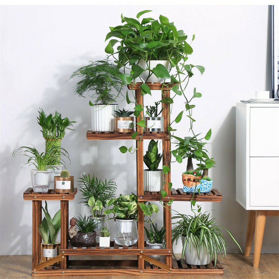 Garden Multi Tier Pine Wood Metal Bamboo Plant Stand Flower Pot