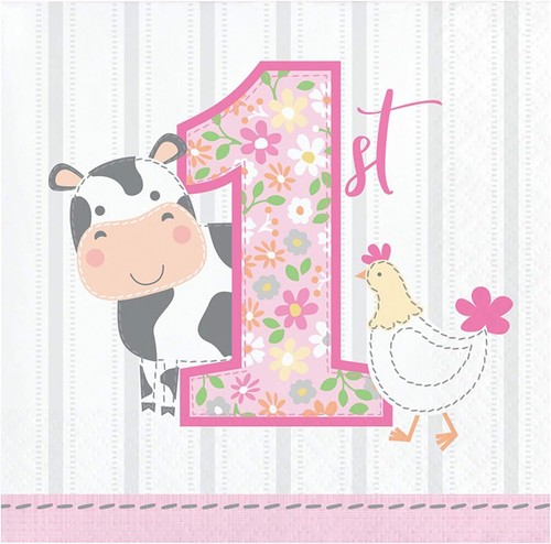 Farmhouse Barnyard Farm Animal 1st Birthday Party Paper Beverage Napkins GIRL - Afbeelding 1 van 1