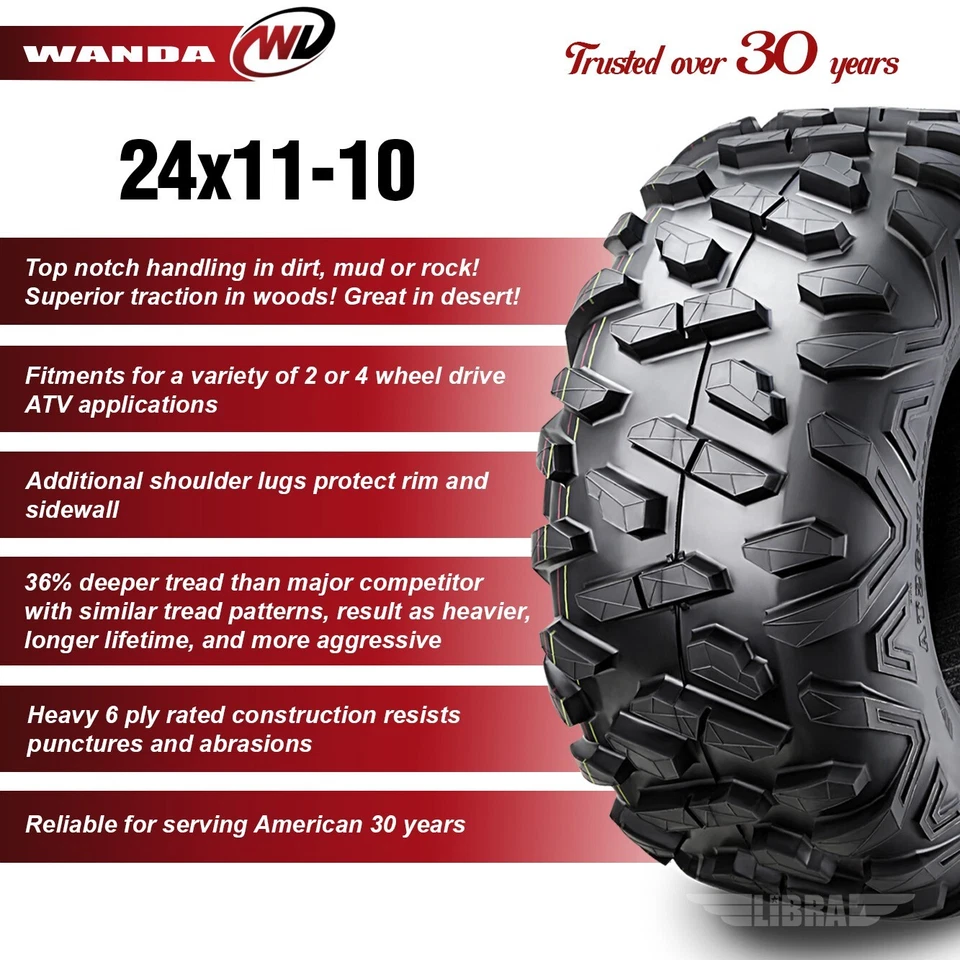 2 WANDA ATV Tires 24x11-10 24x11x10 6PR for 1987-1993 Polaris Trail Boss 250 350 — 第 2/4 张图片