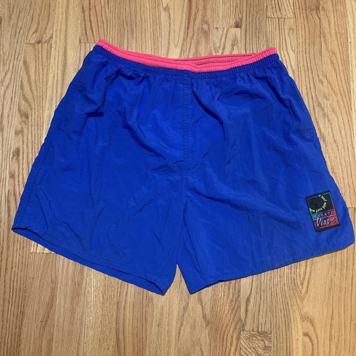 90s Vintage Surf Style Blue Nylon Board Shorts Swim Trunks Men s