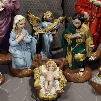1970s Atlantic Mold 15 Piece Nativity Set Christmas Handpainted Ceramic Vintage