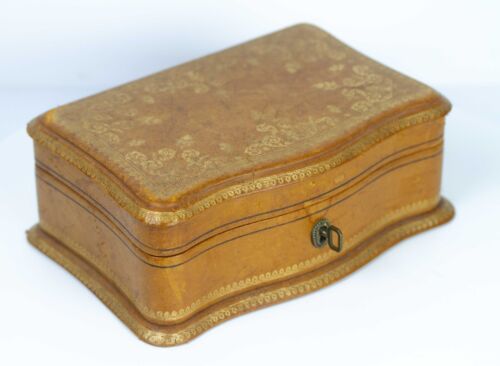 Vintage 1930s Gold Leather Jewelry Box Made in France - Picture 1 of 21