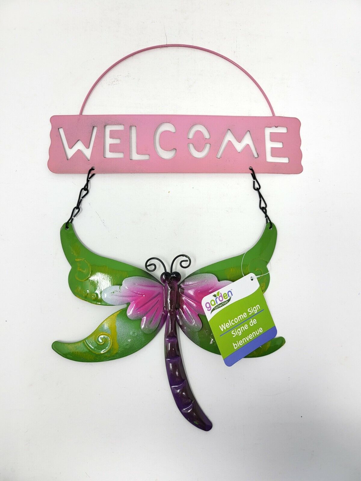 Metal Dragonfly Welcome Sign - Pink & Green - New