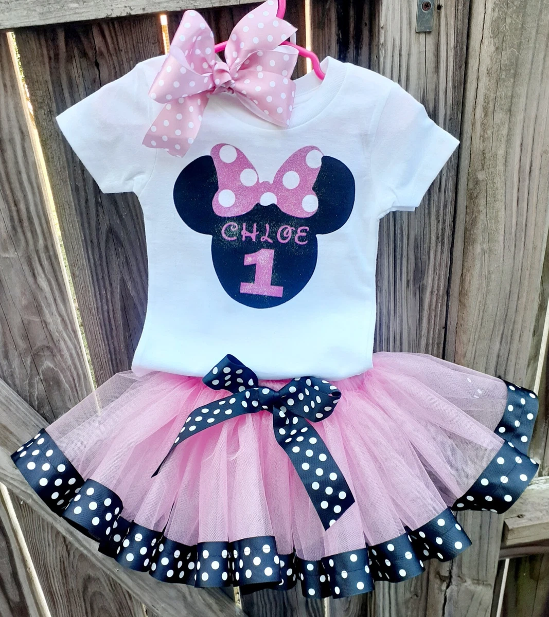 Minnie Mouse Birthday Outfit Girl Personalized Tshirt Skirt/Bow Set Hand  Made