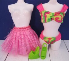 1990 HAWAIIAN FUN BARBIE DOLL clothes LOT-hot NEON pink Bikini/Grass Skirt/Shoes