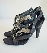 SIZE 8 NINE WEST BLACK JEWELED BEADED BLING T-STRAP LEATHER SANDALS