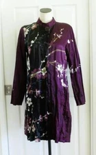 Citron SM Crush Silk Black Purple Artsy Asian Floral Duster Coat Zip Pockets M L