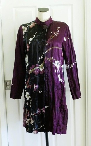 Citron SM Crush Silk Black Purple Artsy Asian Floral Duster Coat Zip Pockets M L - Picture 1 of 21