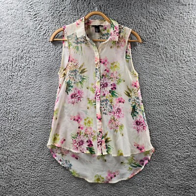H&M Womens Blouse Top Size EUR 34 Ivory Pink Floral Sheer Sleeveless Collared