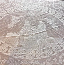 Holy Nativity 70" Round White Lace Tablecloth READ Vtg Woolworth Christmas