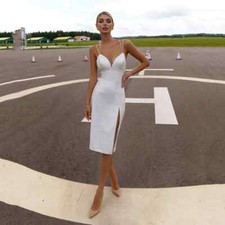 Elegant Satin Mermaid Wedding Dress Spaghetti Straps Side Slit Short Bridal Gown