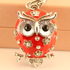 Red Flower Owl Fashion Keychain Rhinestone Crystal Charm Chain Cute Gift 01161