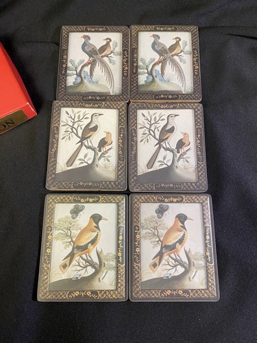 Vintage Set mit 6 Untersetzern FREMDE VÖGEL von Samuel Dixon 4,5" x 3,5" in BOX