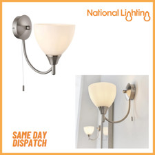 Dimmable LED Wall Light E14 Opal Glass Shade Uplighter with Pull Cord Switch