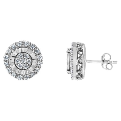 1 Carat Real Diamond Cluster Earrings in Sterling Silver - Picture 2 of 7
