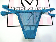 VICTORIA'S SECRET Strappy Lace V-String Thong Panty VS Blue Ruffle Mesh S M L