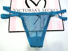 VICTORIA'S SECRET Strappy Lace V-String Thong Panty VS Blue Ruffle Mesh S M L