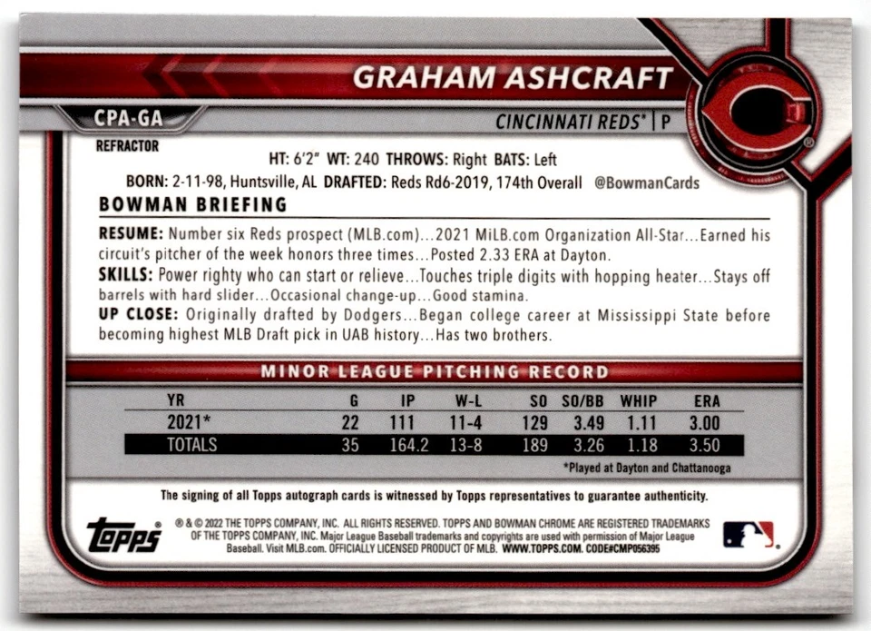 Graham Ashcraft 2022 Bowman Chrome Refractor Auto /499 #CPA-GA Cincinnati Reds - Image 2 of 2