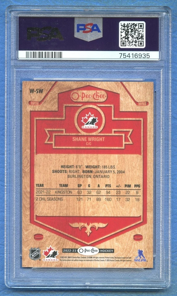 SHANE WRIGHT 2022-23 OPC WOODIES #W-SW TEAM CANADA PSA 9 - Image 2 of 2