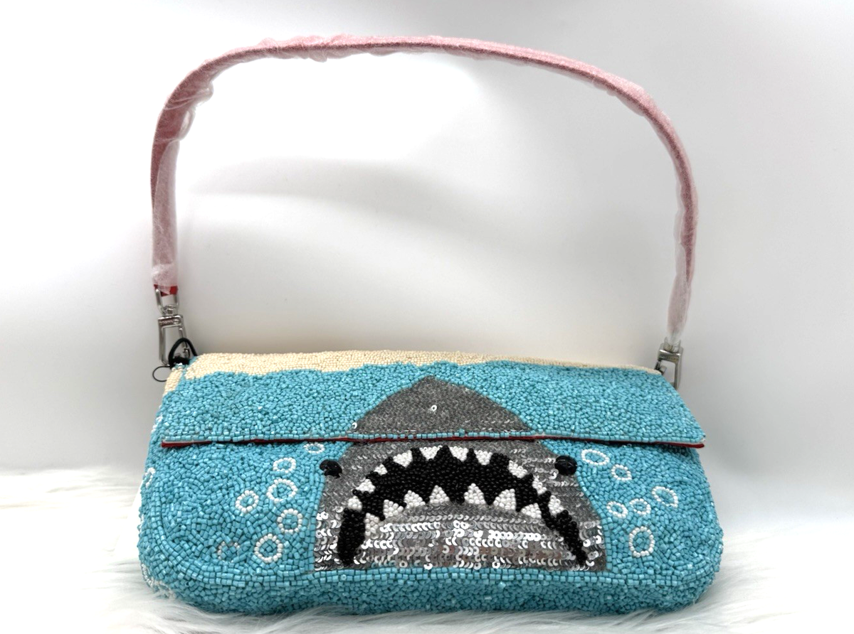 AUTH NWT Staud Timmy Shark Graphics Glass Bead Convertible Clutch