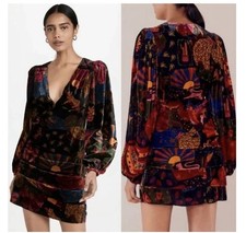 Farm Rio Crazy Mix Plunge Neck Long Sleeve Velveteen Mini Dress Size S 