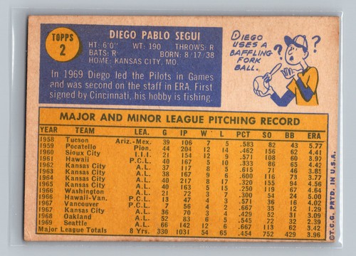 1970 Topps Deigo Segui #2 - Seattle Pilots - EX - Picture 2 of 2