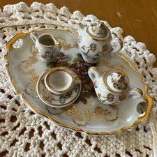Miniature Limoges Porcelain Romantic Gold Trim 5pc Tea Set w/ Serving Tray