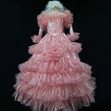 Vintage Pink Ruffles Lace Wedding Dress Beading Pearls Flower Long Sleeve