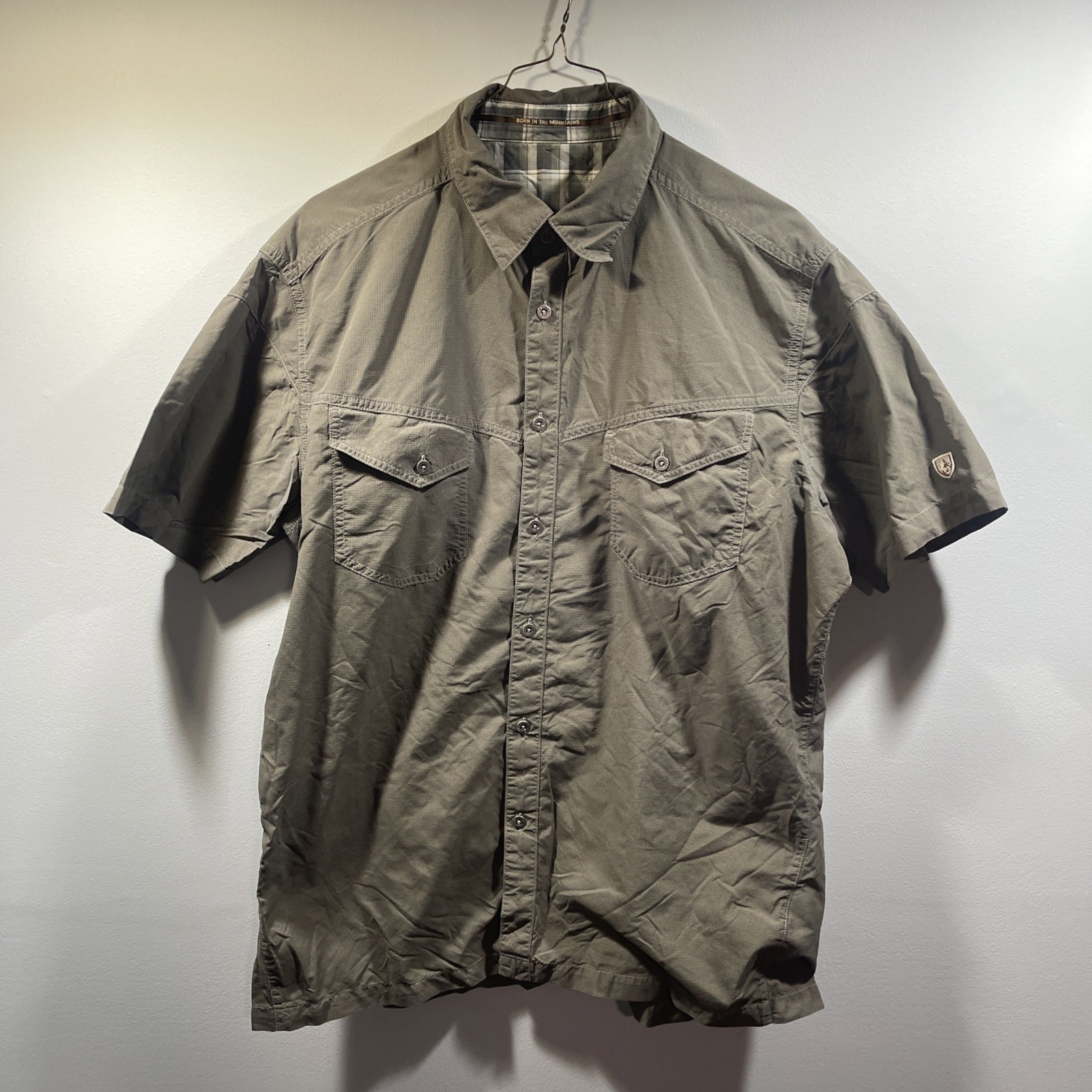 Kuhl Eluxor Mens Large Brown Short Sleeve Hiking Outdoor Travel Button Up Shirt