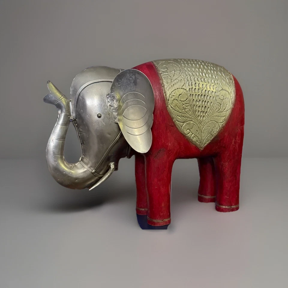 Vintage Red Wood Elephant - Large Decorative Statue - Metal Accents - Image 4 of 4