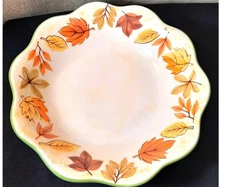 Fall Serving Bowl With Fall Colored Leaves, and Trimmed in Light Green By WCL