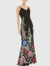Mac Duggal Black Multicolor Floral Sequin Embroidered V-Neck Strappy Maxi 4 598